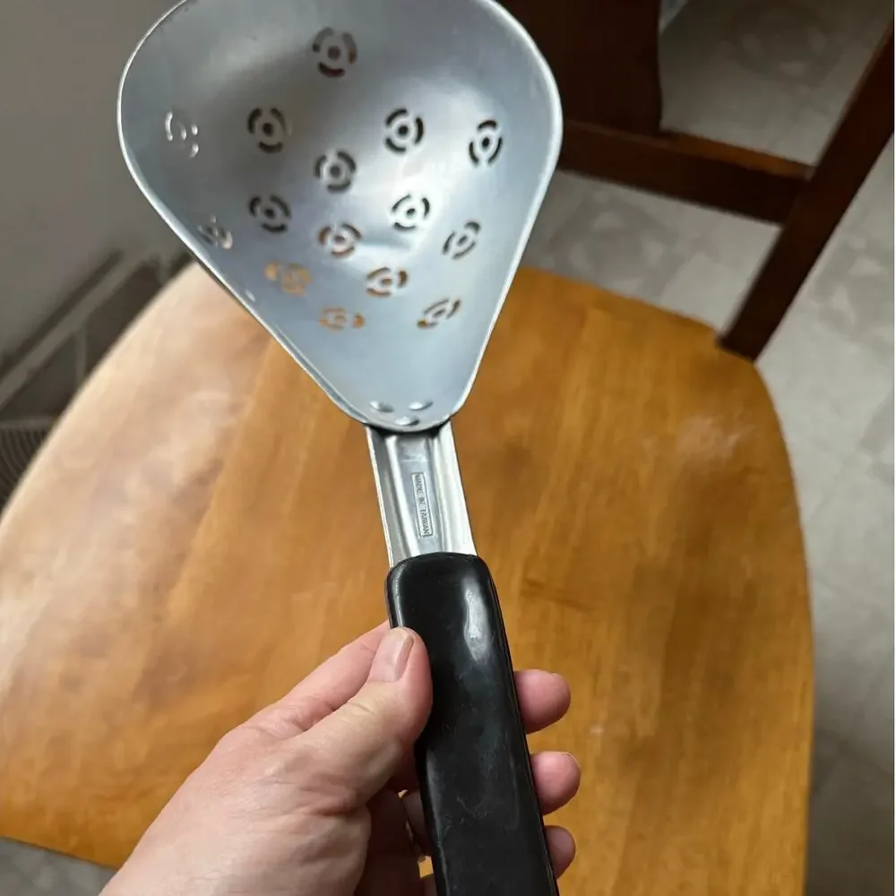 Vintage Pasta Scoop Black Handle Colander Mid Century Modern Aluminum Taiwan